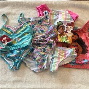 Disney Kids Lot of 3 Swimsuits with Bonus Moana Shirt- Princess Stitch Lil Merma